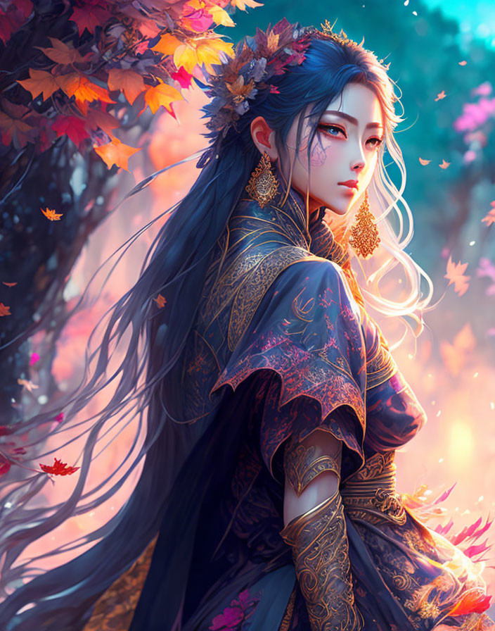 Illustrated woman with long blue hair in traditional attire against autumn backdrop