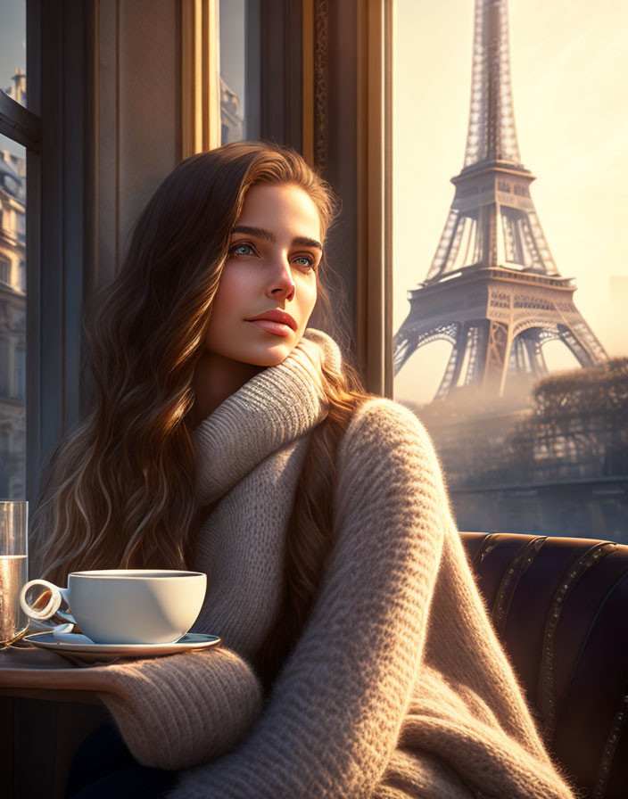 Woman in cozy sweater enjoying coffee by window with Eiffel Tower view