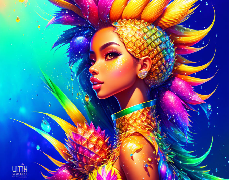 Colorful digital artwork: Woman with tropical-themed hair on cosmic background