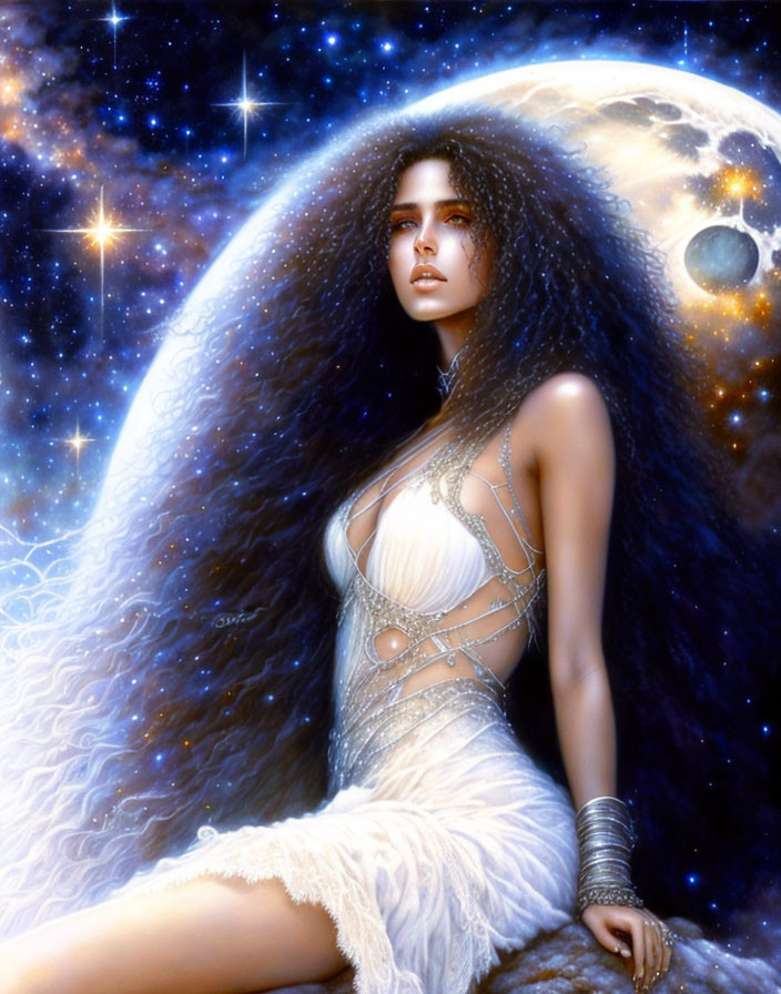 Voluminous hair woman in white attire against cosmic backdrop