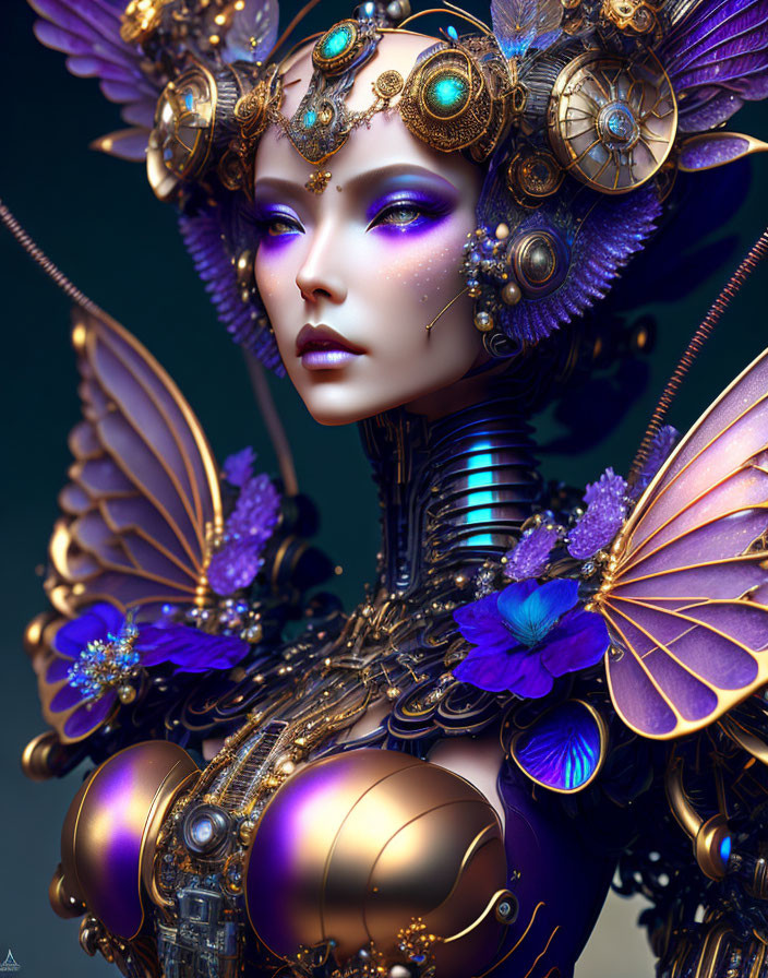 Steampunk-inspired digital artwork of female figure with mechanical wings and ornate armor.