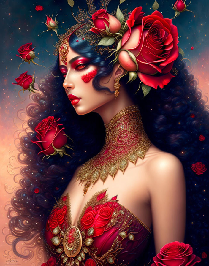 Digital artwork featuring woman with blue skin, red roses, gold jewelry, black hair