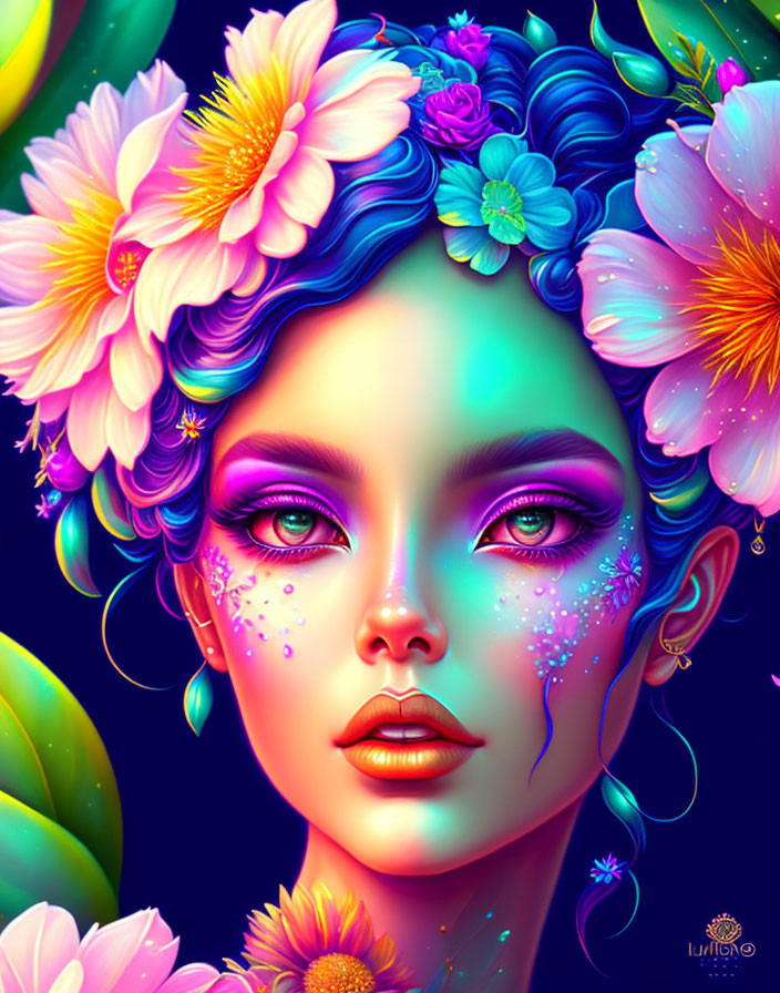 Colorful digital portrait of woman with floral hair decorations in purple, blue, and yellow palette.