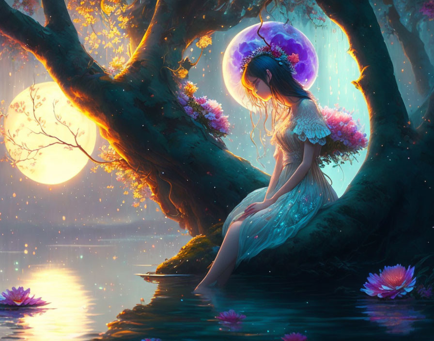 Woman sitting under glowing blossom tree at sunset with purple moon and water lilies.