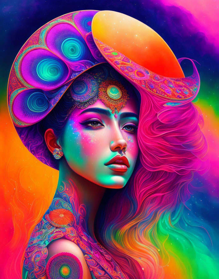 Colorful portrait of woman with crescent moon hat in vibrant neon setting