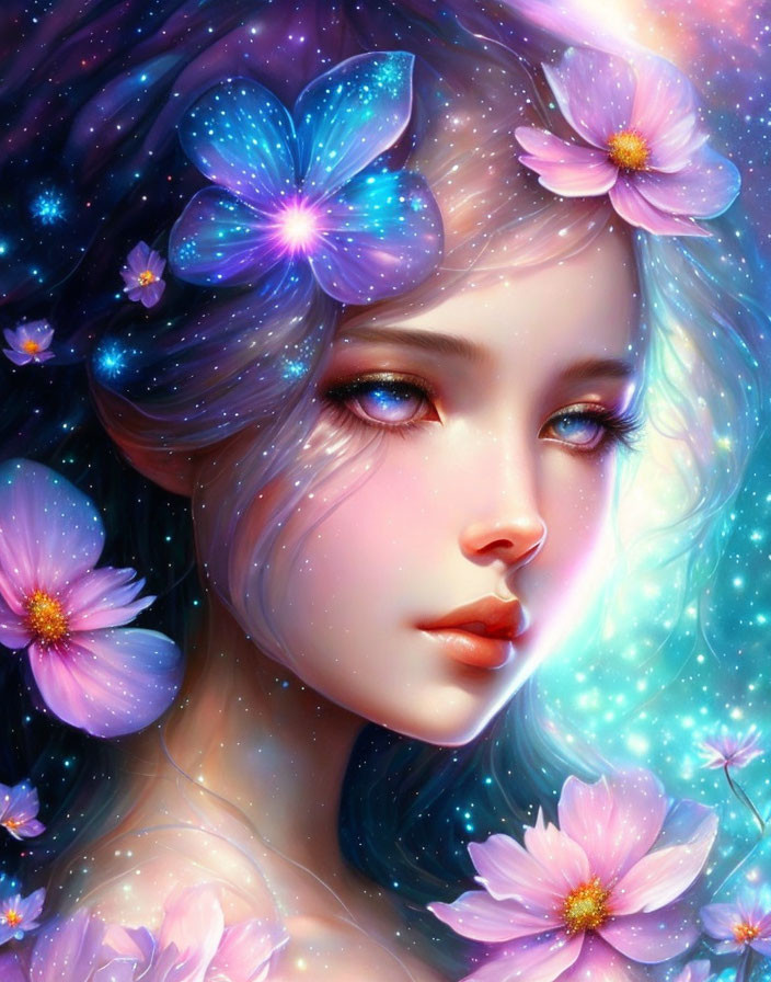 Ethereal woman with luminescent flowers in magical setting