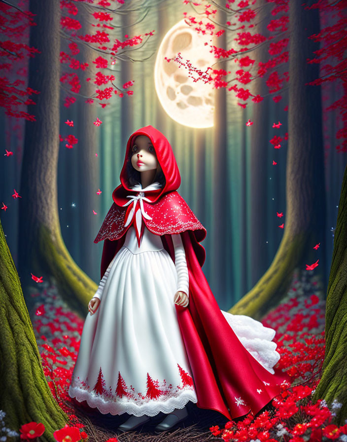 Enchanted forest scene with girl in white dress and red cloak