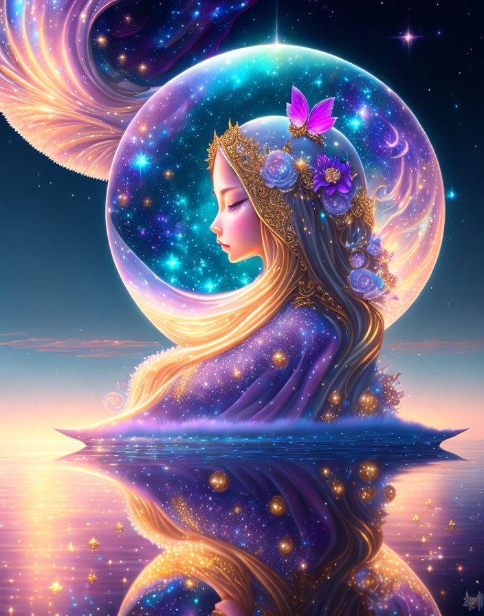 Ethereal woman with golden hair in cosmic setting