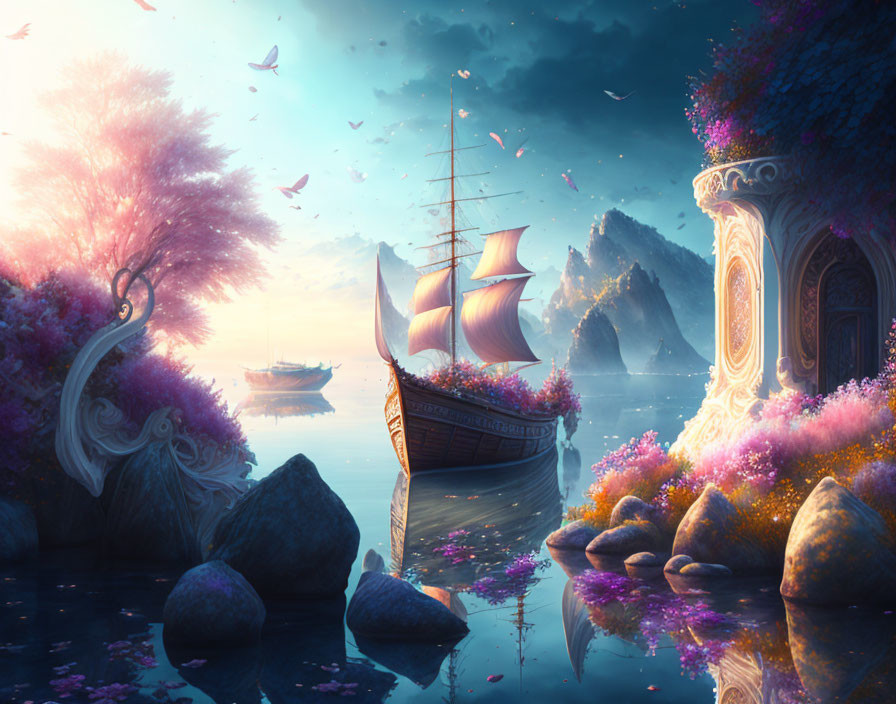 Fantasy seascape: wooden ship, flower-covered rocks, pink trees, butterflies, mountains, blue