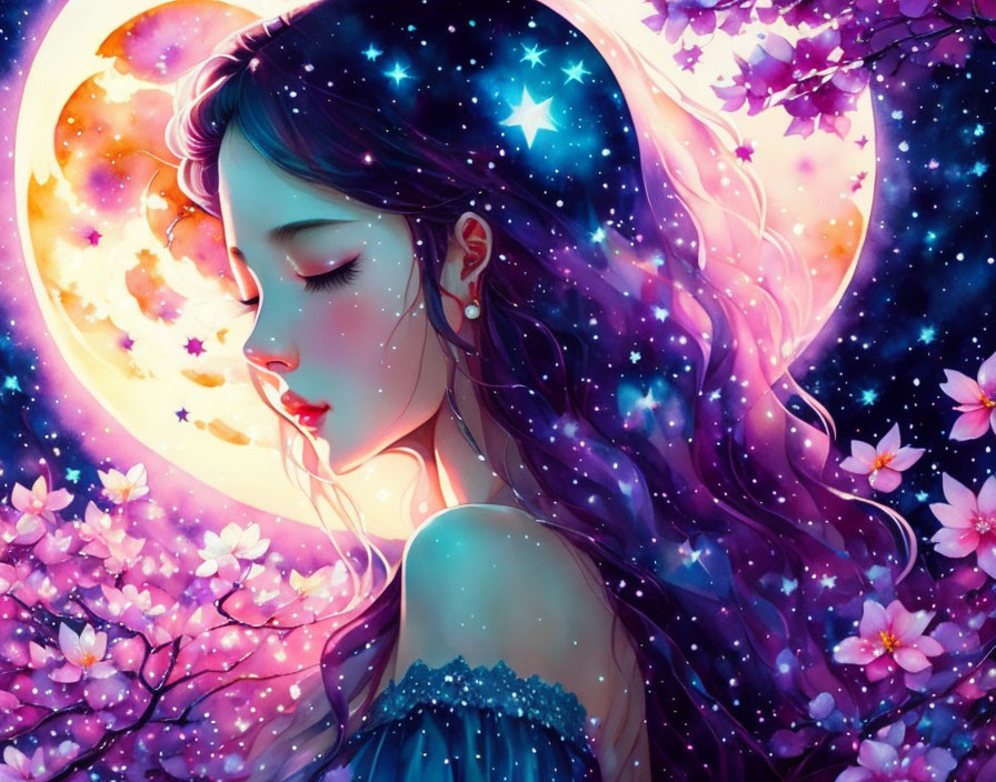 Colorful illustration: Woman with star-streaked hair in cosmic setting