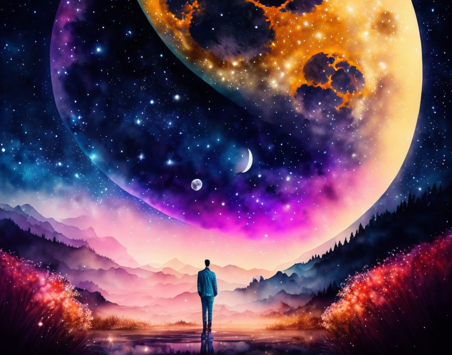 Person standing under vibrant night sky with oversized moon and stars, overlooking mountainous terrain.