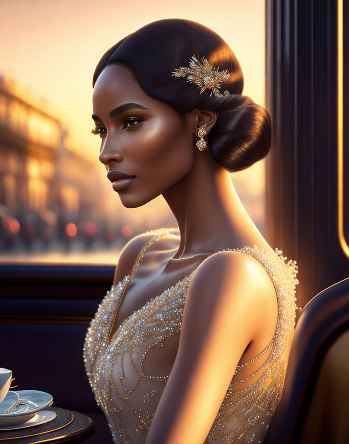 Elegant woman with bun hairstyle in beaded gown by window at golden hour