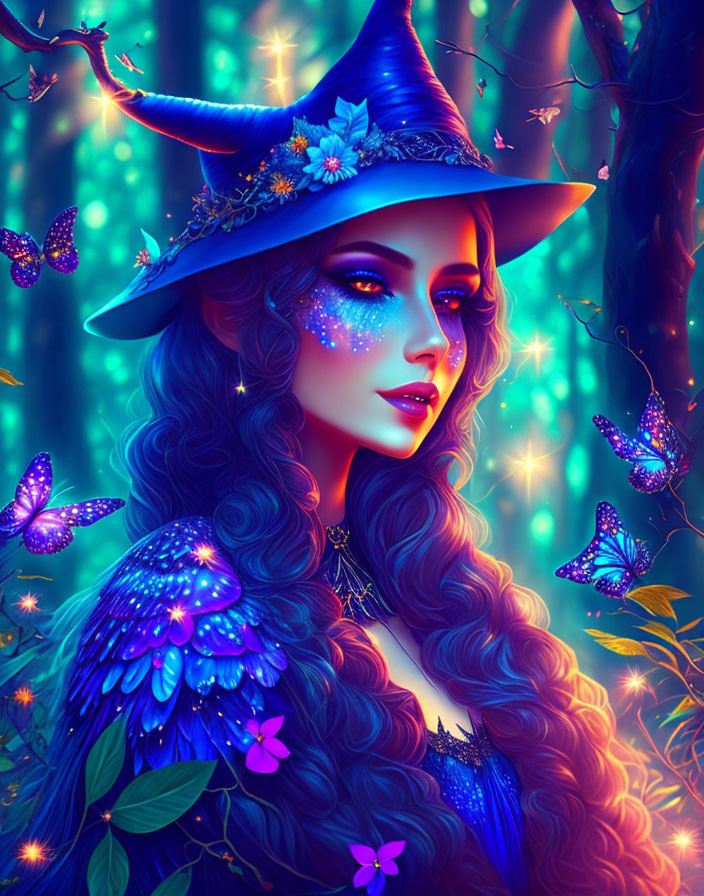 Mystical woman with long wavy hair in wizard hat, surrounded by glowing butterflies in magical forest