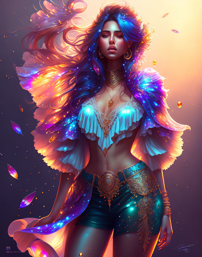 Fantasy illustration: Woman with blue hair, gold jewelry, surrounded by floating petals.