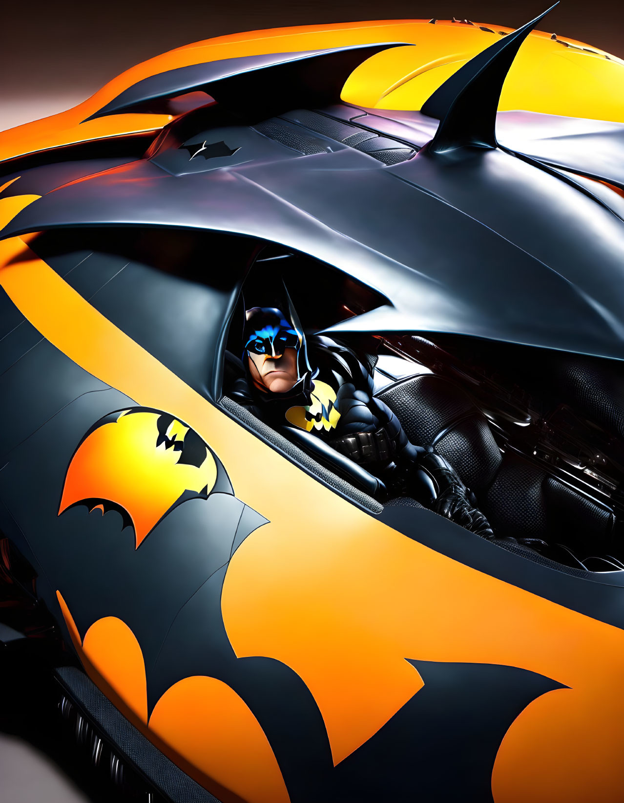 Person in Batman costume in stylized Batmobile with bat-wing features & vibrant colors