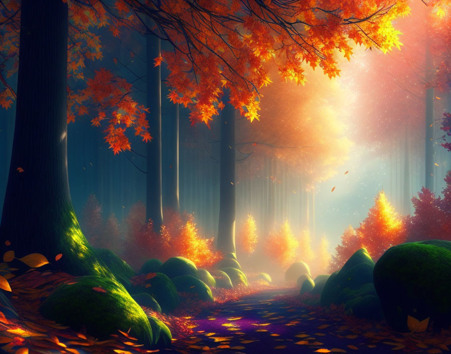 Vivid autumn forest scene with orange leaves and sunbeams
