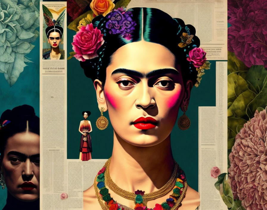Woman with Unibrow in Floral Collage Artwork