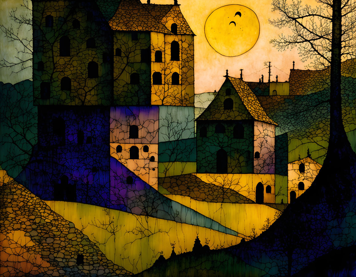 Village at Dusk: Geometric Houses, Crescent Moon, Warm Palette