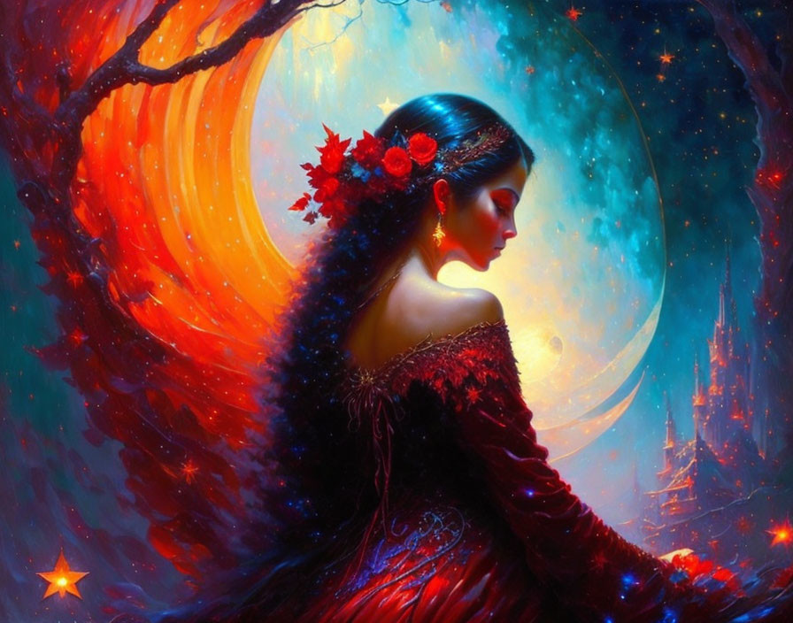Woman in red dress with floral adornments gazes at vibrant moon and starry sky