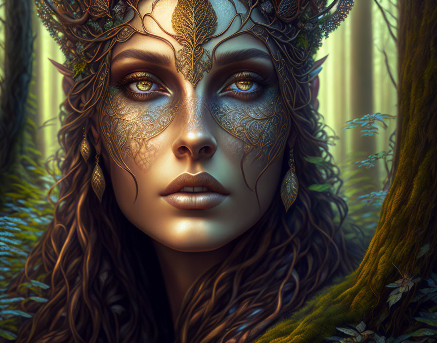 Mystical woman with gold leaf headwear in lush forest