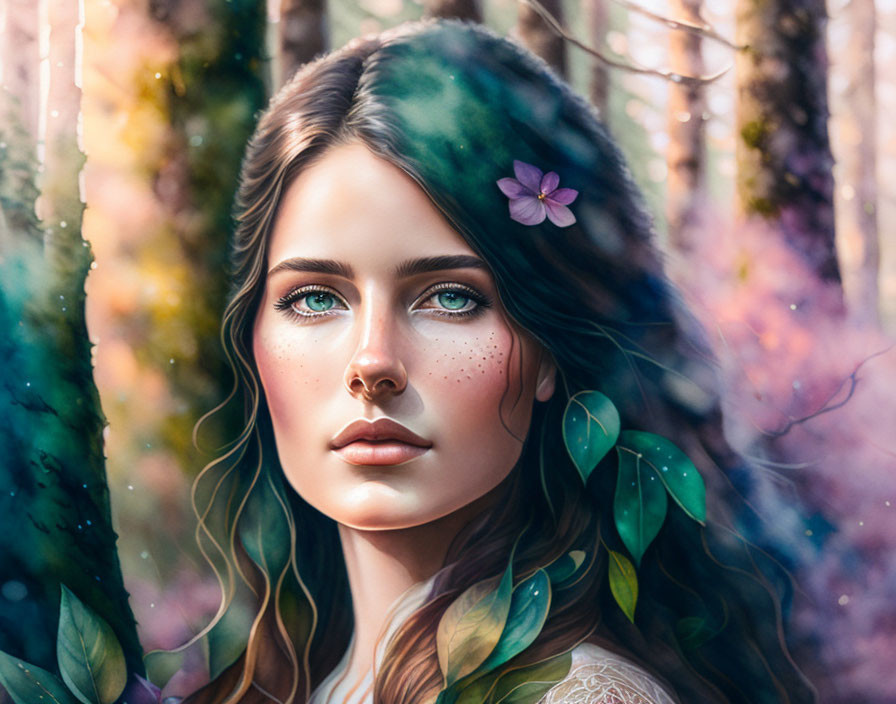 Portrait of a woman with green eyes and freckles in forest setting
