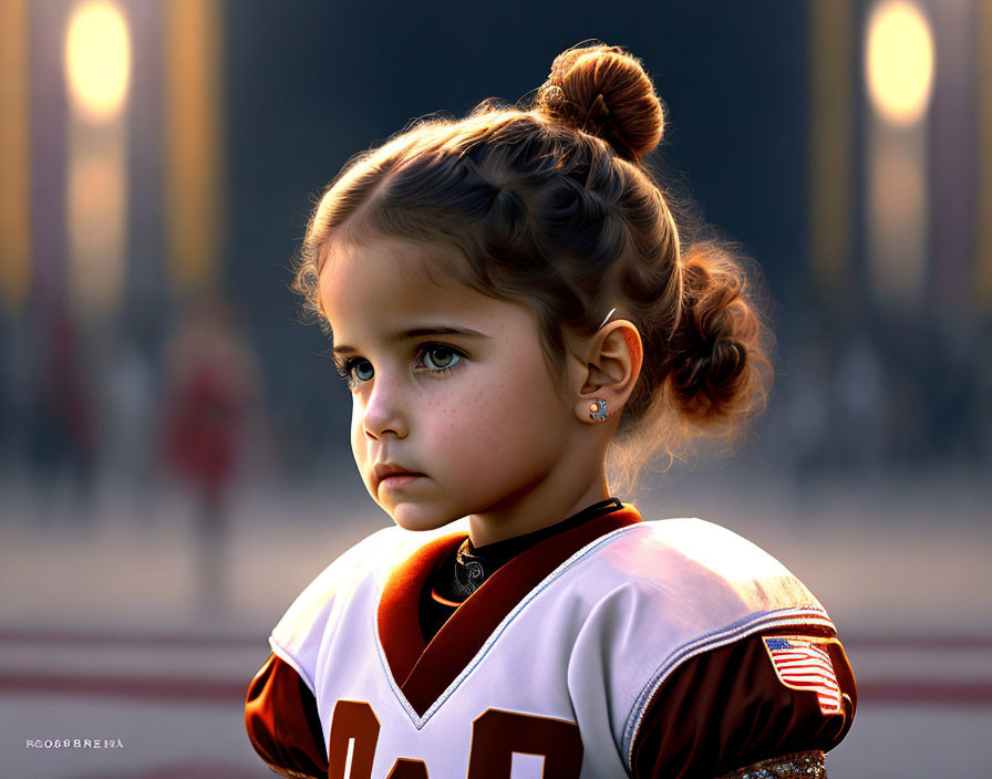 Contemplative young girl in sports jersey with top buns, blurred figures in motion