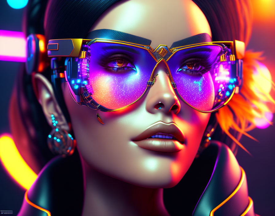 Futuristic digital art portrait of a woman with vibrant sunglasses and neon lights