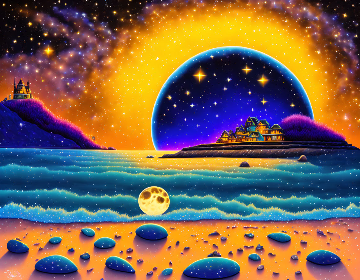 Colorful cosmic landscape with planet, moon, sea, hills, and castle