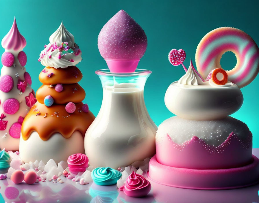 Pastel-colored whimsical sweets with milk and candy-coated tree, sugar-dusted egg, and