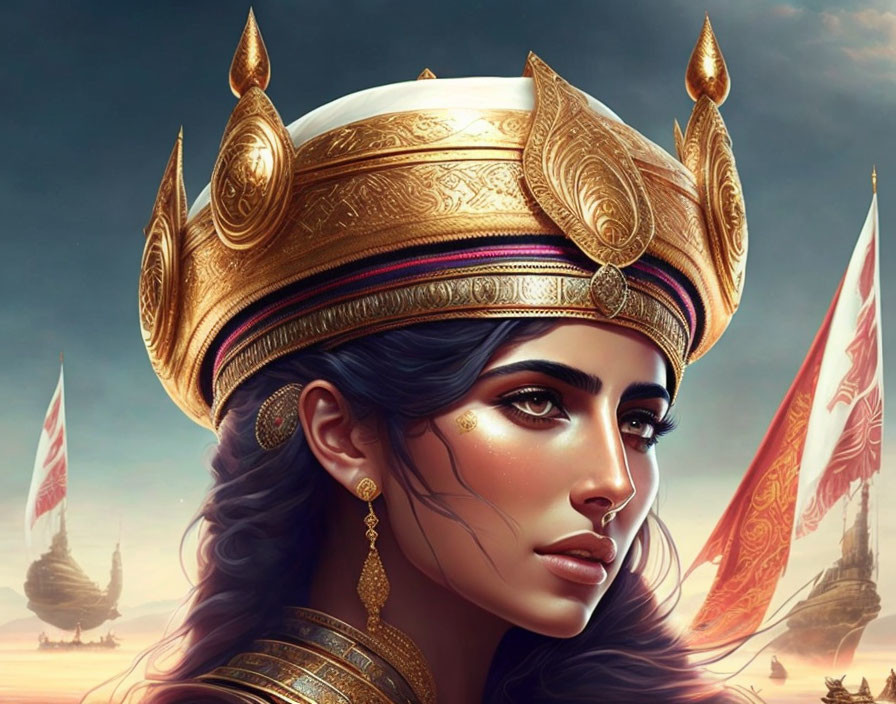 Detailed illustration of woman with dark hair in gold crown, surrounded by fantasy structures and flags.