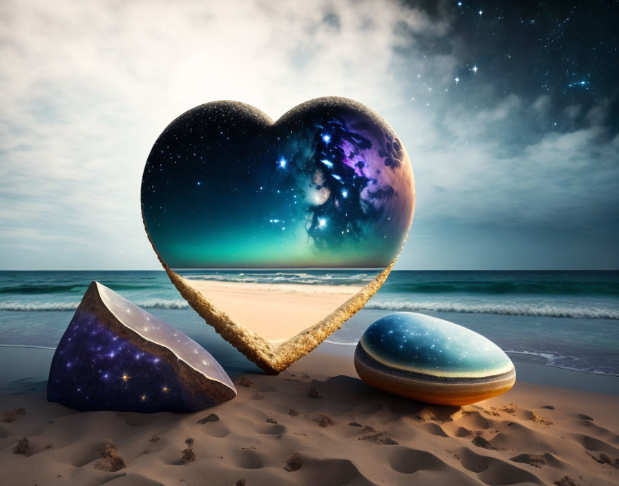 Heart-shaped cosmic portal on beach with starry stones under twilight sky