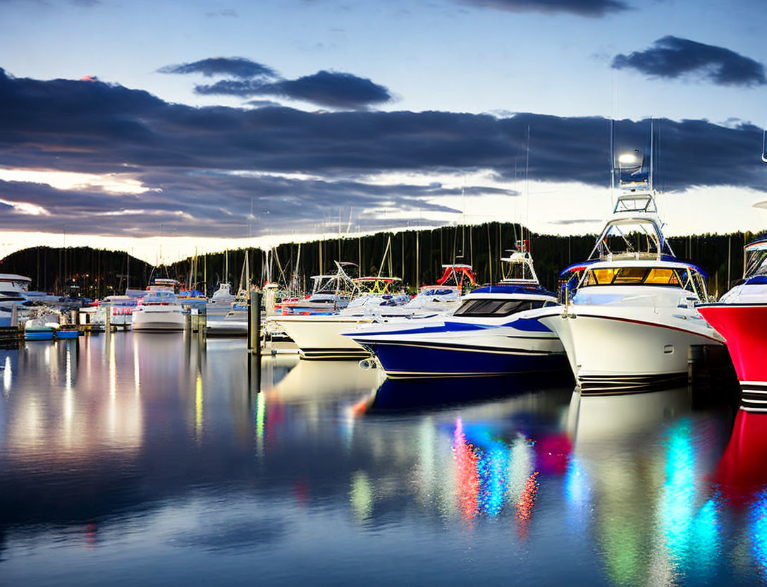 Luxury yachts in marina at dusk with colorful lights and dramatic sky