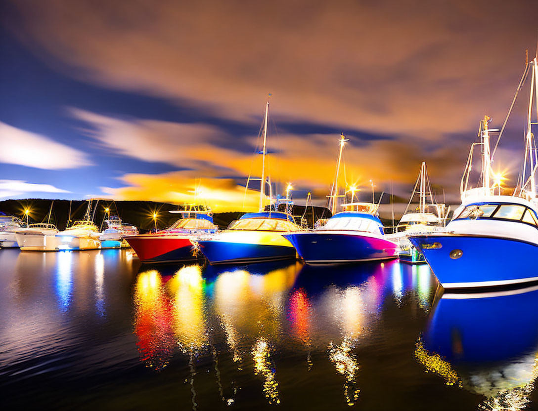 Vibrant boats in marina at twilight with reflections and dramatic sky