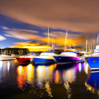 Vibrant boats in marina at twilight with reflections and dramatic sky