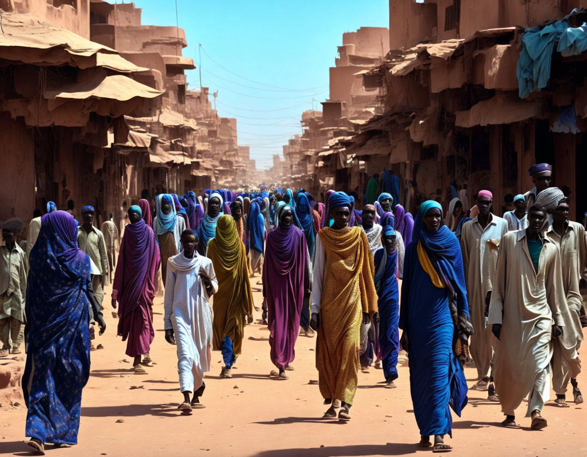 Vibrant traditional clothing in dusty market alley