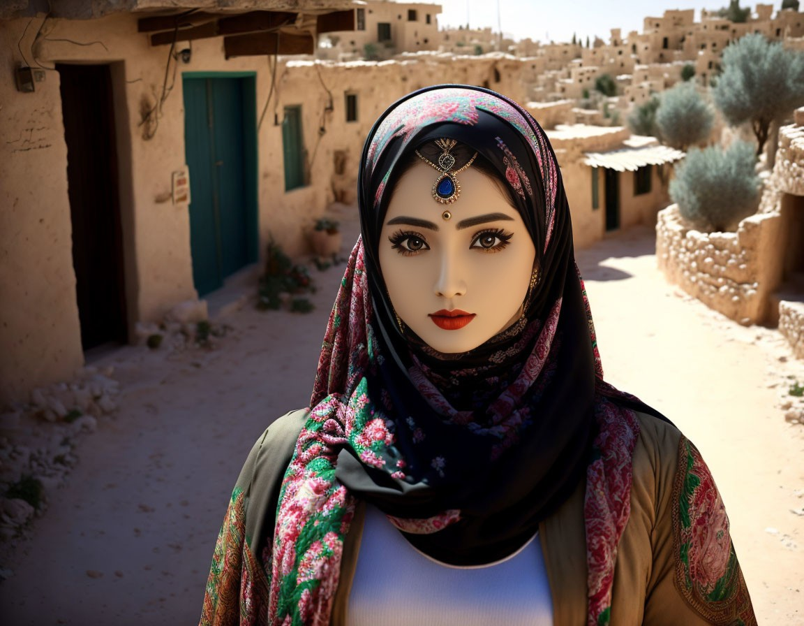 Woman in hijab with striking makeup against rustic background