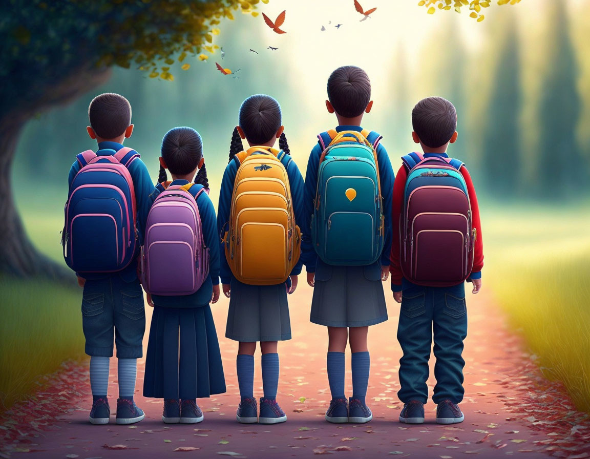 Four children holding hands on leaf-strewn path with birds in autumn setting