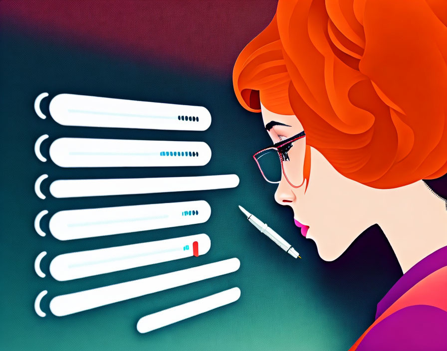 Stylized woman with glasses in profile observing chat bubbles and digital health concept.