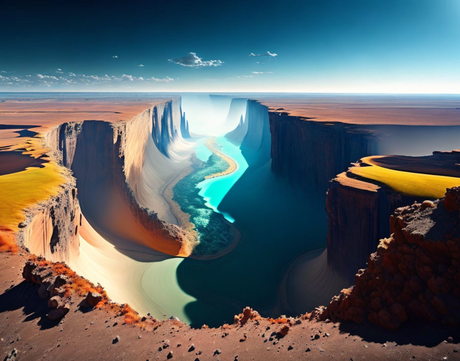 Surreal desert landscape with cliffs, turquoise river, sand dunes, and blue sky