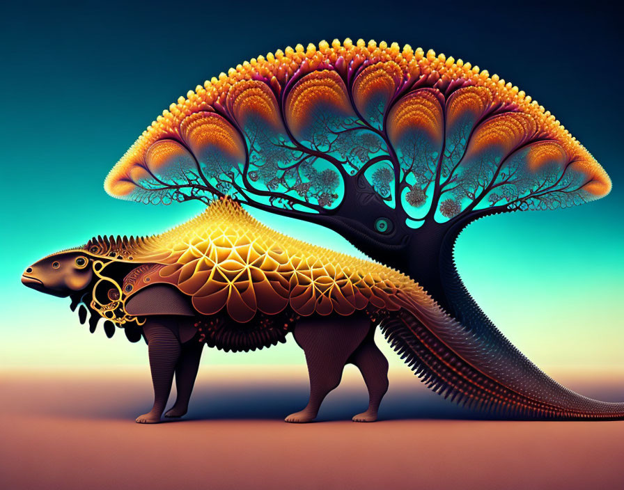 Armadillo-tree hybrid creature in desert twilight