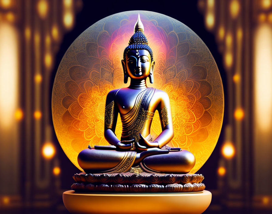 Serene Buddha statue in golden and blue hues against ornate glowing backdrop