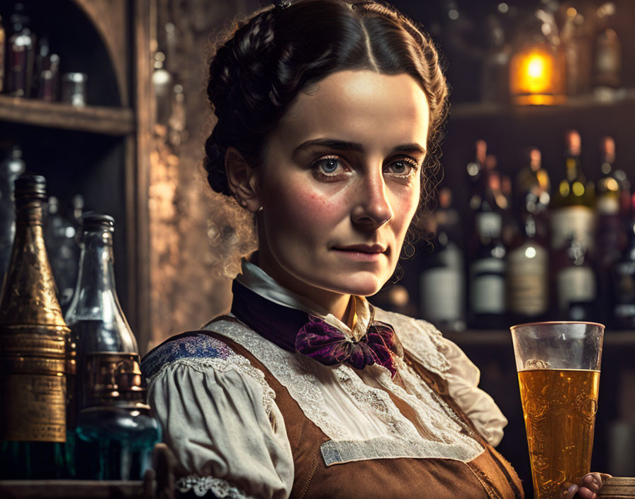 Vintage woman with detailed updo and high-collared blouse holding a beer in old-timey bar