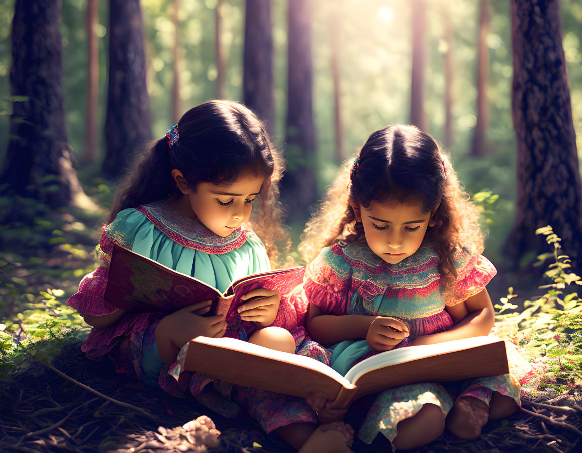 Young girls in colorful dresses reading books in sunlit forest