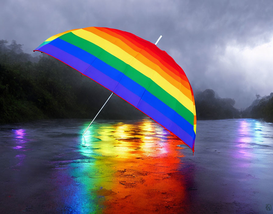 Colorful Rainbow Umbrella Contrasted with Misty River Landscape