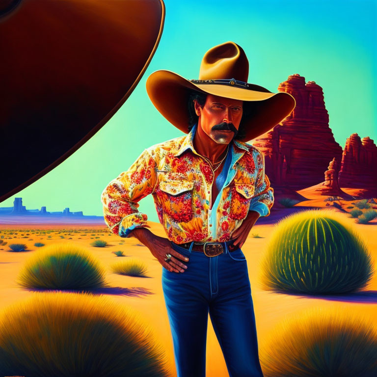 Cowboy in vibrant shirt and hat in desert landscape with cacti and rock formations