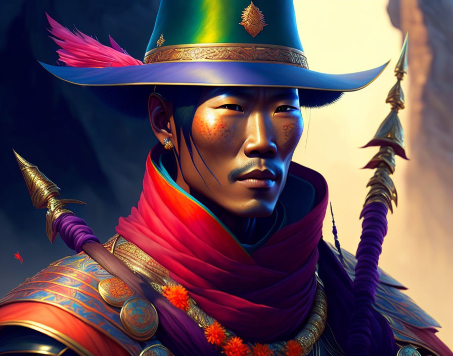 Colorful Asian warrior portrait in traditional armor with feathered hat and arrows.