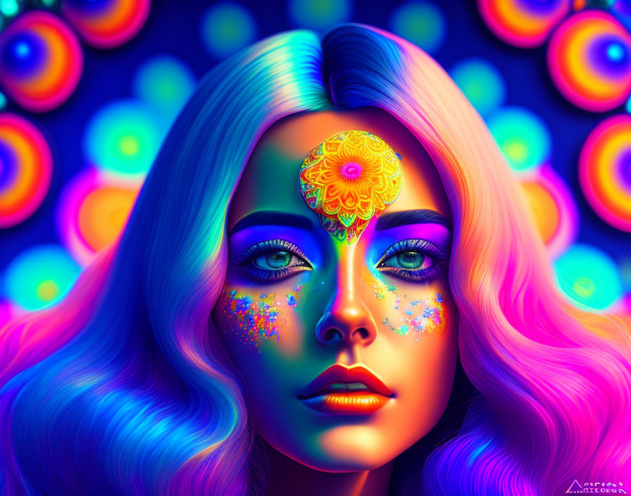 Colorful makeup woman with gold pattern on forehead in vibrant digital artwork