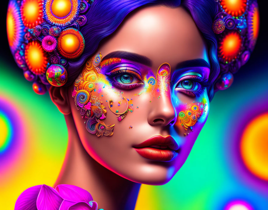 Colorful digital artwork: Woman with vibrant makeup and ornate designs on face, set against psychedelic background