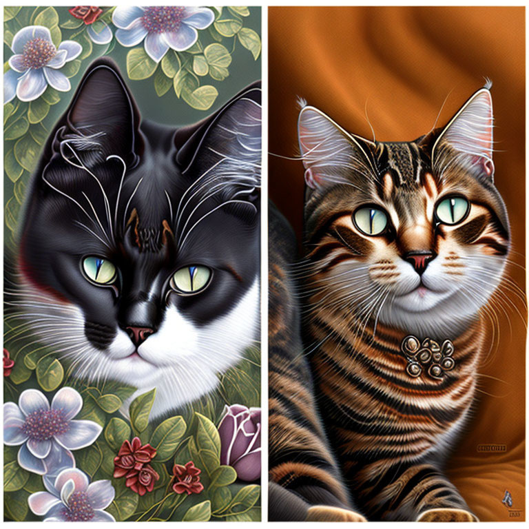 Detailed illustrations: Black and white cat with floral backdrop and tabby cat with green eyes and pendant.