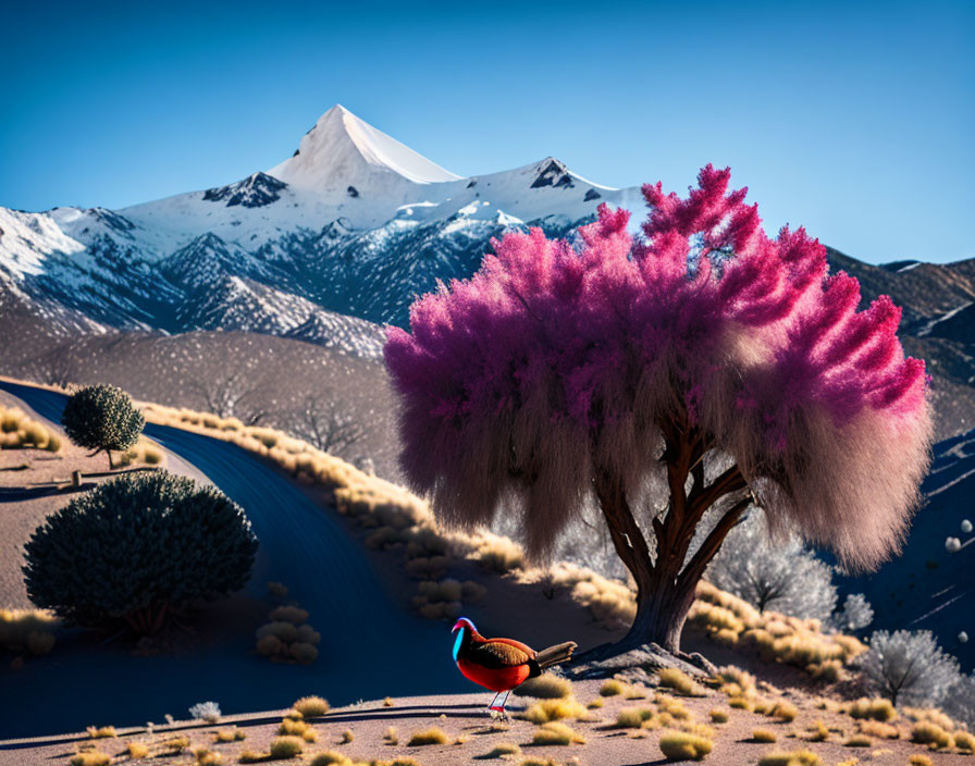 Vibrant pink tree, colorful bird, curvy road, and snow-capped mountains in surreal